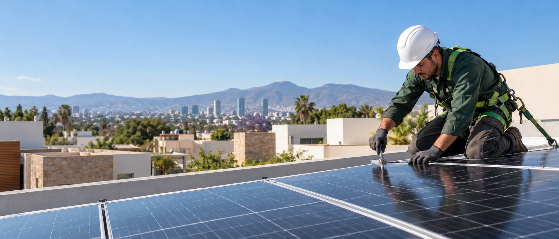 Técnico instalando paneles solares en una casa de Guadalajara, Jalisco